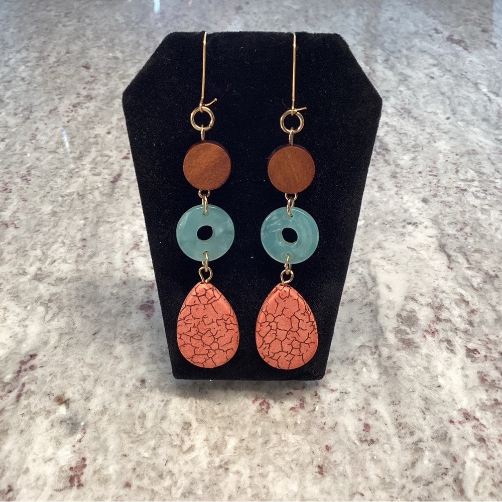 New Dangle Earrings in Wood, Resin: Turquoise & Terracotta. Artisan Made